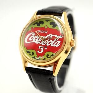 Vintage Coca-Cola 36mm Mechanical Watch Manual Black Leather Promo Collectible